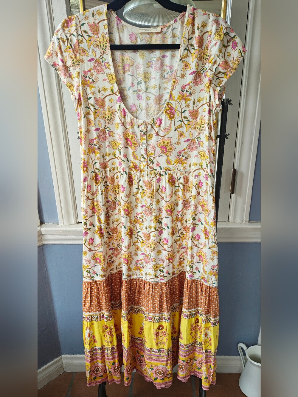 Spell Portobello Dress, Medium,Floral Boho Tiered Midi Dress in Cream and Yellow